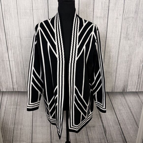 Sioni Womens Medium Black/White Knit Color Block Open Front Soft Long Cardigan - Picture 1 of 6